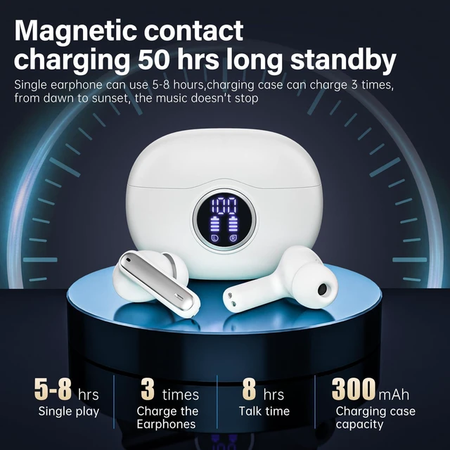 Alt view image 9 of 12 - Wireless Earbuds, Bluetooth 5.3 Headphones HiFi Stereo 50H Playback LED Digital Display Ear Buds with ENC Noise Canceling Headset, IPX7 Waterproof Earphones for Gym/Running/Work (White)