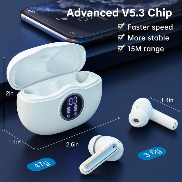 Alt view image 10 of 12 - Wireless Earbuds, Bluetooth 5.3 Headphones HiFi Stereo 50H Playback LED Digital Display Ear Buds with ENC Noise Canceling Headset, IPX7 Waterproof Earphones for Gym/Running/Work (White)