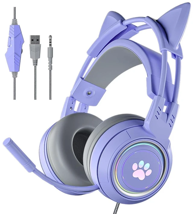 Alt view image 8 of 14 - Cat Ear Headphones Purple Gaming Headset with Mic for Switch Xbox One PS4 PS5, Cute Girl Kids Wired Headphones Light up Kawaii Kitty Noise Cancelling Headphones for Gamer PC Laptop