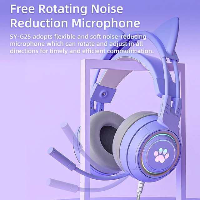 Alt view image 13 of 14 - Cat Ear Headphones Purple Gaming Headset with Mic for Switch Xbox One PS4 PS5, Cute Girl Kids Wired Headphones Light up Kawaii Kitty Noise Cancelling Headphones for Gamer PC Laptop