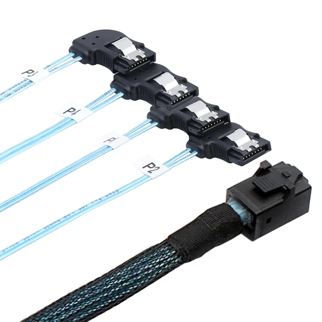 Alt view image 6 of 10 - Mini SAS HD SFF-8643 to 4×SATA Right-Angle Internal High-Speed Server Cable, 30AWG 12G Copper Wire Harness (1m/39.37in)