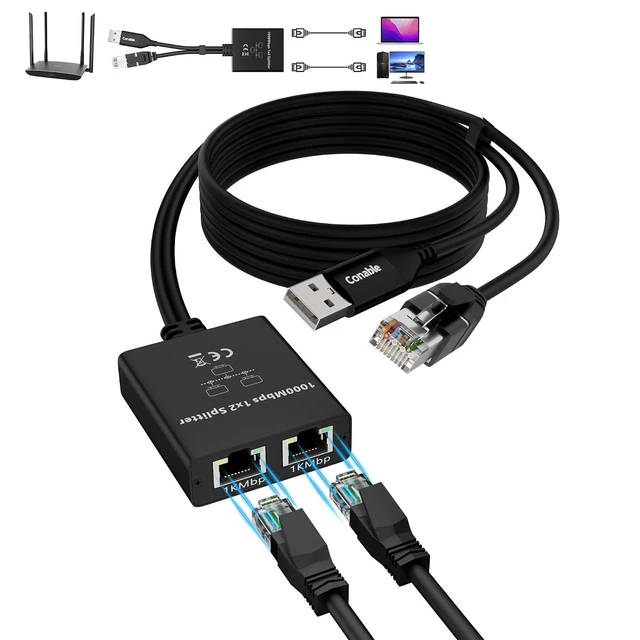 Alt view image 8 of 14 - Gigabit Ethernet Splitter 1 to 2 Out Adapter, RJ45 Splitter with 6FT USB Power Cable and RJ45 Input Cable 3 in 1, Network Splitter 1 Male to 2 Female, 1K Mbps High Speed, Supports Cat5/5e/6/7/8 Cable