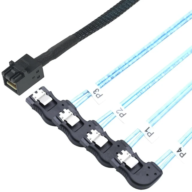 Alt view image 9 of 10 - Mini SAS HD SFF-8643 to 4×SATA Right-Angle Internal High-Speed Server Cable, 30AWG 12G Copper Wire Harness (1m/39.37in)