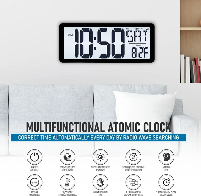 Alt view image 9 of 14 - TXL Atomic Clock with Backlight, 14.2" Large Digital Wall Clock Battery Operated, Digital Clock Large Display with Day, Date & Temperature, Large Wall Clock for Bedroom, Livingroom, Office