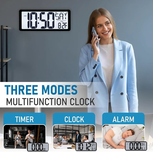 Alt view image 10 of 14 - TXL Atomic Clock with Backlight, 14.2" Large Digital Wall Clock Battery Operated, Digital Clock Large Display with Day, Date & Temperature, Large Wall Clock for Bedroom, Livingroom, Office