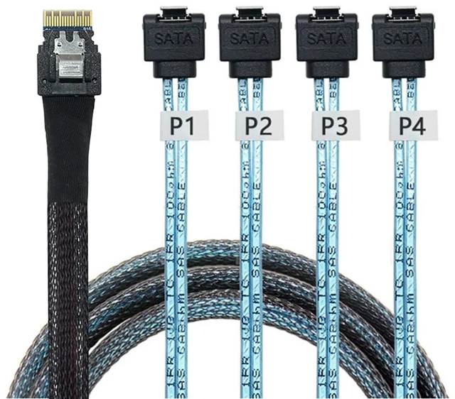 Alt view image 10 of 12 - PCIe Slimline SAS 4.0 38pin SFF-8654 4i to 4X SATA 90 Degree Female Server Cable 30AWG High Speed Internal Harness (0.5M/19.68in)