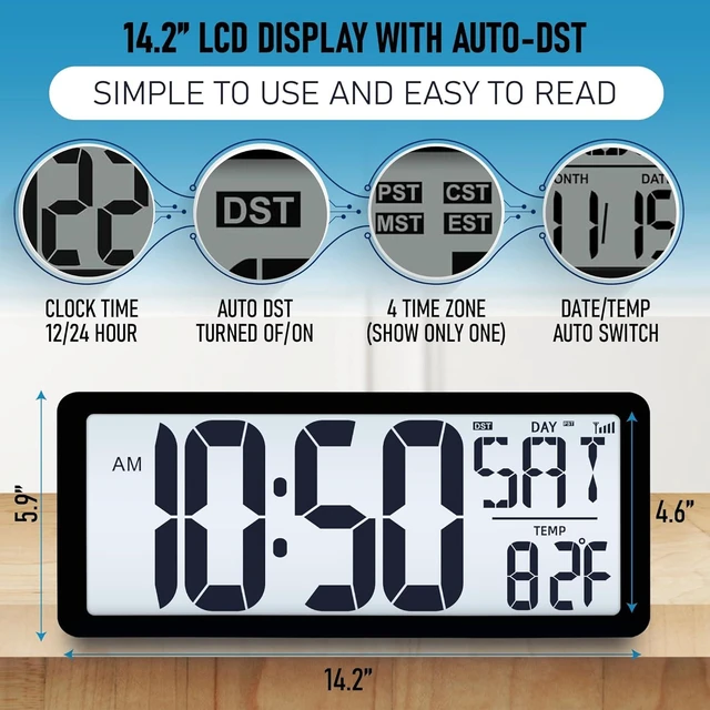 Alt view image 11 of 14 - TXL Atomic Clock with Backlight, 14.2" Large Digital Wall Clock Battery Operated, Digital Clock Large Display with Day, Date & Temperature, Large Wall Clock for Bedroom, Livingroom, Office