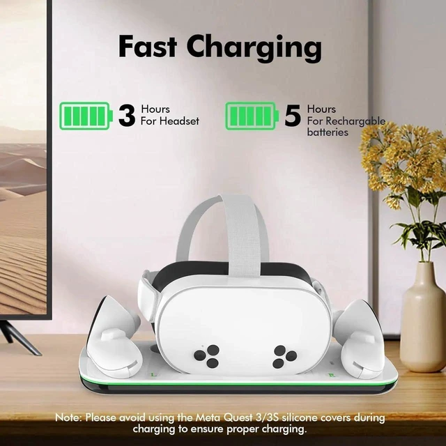 Alt view image 9 of 14 - WISDUM Charging Dock Compatible with Me-ta Quest 3/3S, VR Accessories Charging Station for Me-ta O-cu-lus Quest 3/3S with LED Indicator, Charger Stand with Rechargeable Batteries, with Green Light