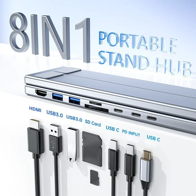 Alt view image 9 of 14 - Miracle 8 in 1 Laptop Stand, 8-in-1 USB-C Laptop Stand, Laptop Stand Docking Station, 8-in-1 USB-C Hub, Portable Laptop Stand with 4K HDMI, 2 USB 3.0, PD 100W (8 in 1)