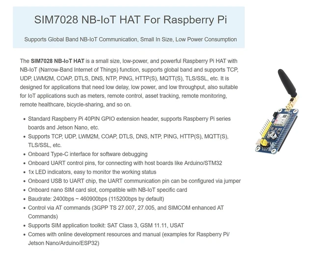 Alt view image 10 of 14 - SIM7028 NB-IoT HAT with GSM Antenna Onboard 40PIN GPIO Header for Raspberry Pi 5/4B/3B+/3B/2B/Zero/Zero 2W/Jetson Nano,etc, Supports Global Band NB-IoT Communication, 2400bps ~ 460900bps Baudrate