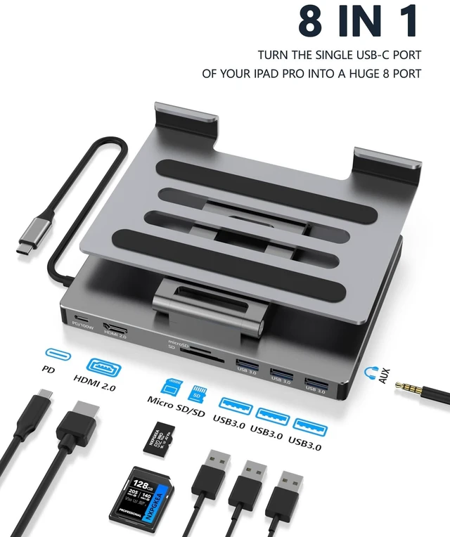 Alt view image 9 of 14 - iPad Pro USB C Hub Stand, Multiport Adapter for iPad Pro M4 M3 M2 M1 13 12.9 11 Inch iPad Air Docking Station Foldable 4K 60Hz HDMI, PD Charging, SD/TF Card Reader, 3 USB 3.0, 3.5mm Audio