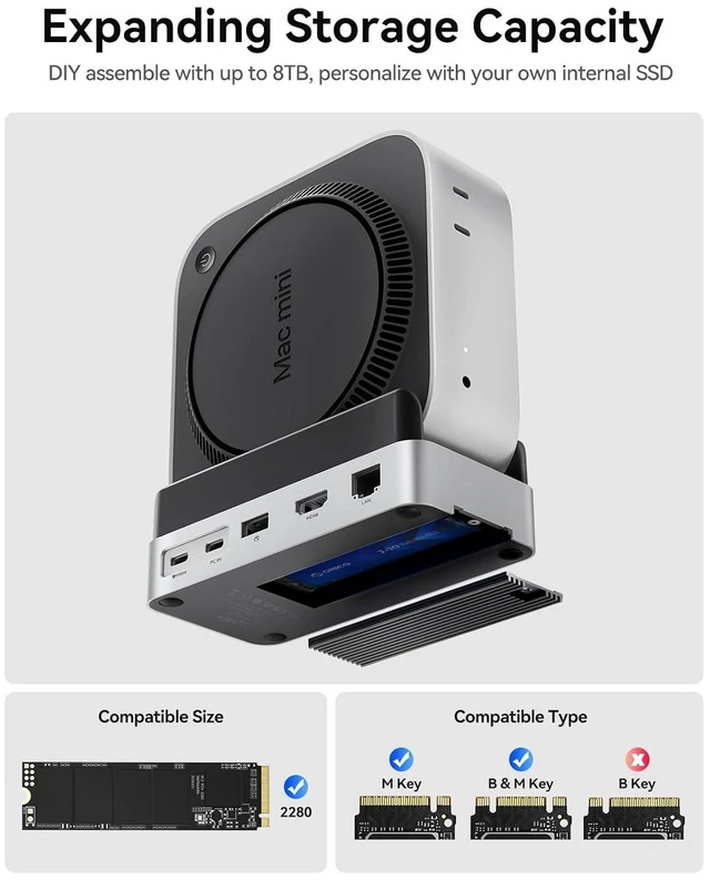 Alt view image 9 of 14 - Mac mini M4 Dock and Stand Compatible M.2 SSD Up to 8TB, MiniDock 10Gbps 10-in-1 Hub, 4K HDMI, Gigabit Ethernet, SD/TF Card Readers,Type-C(PD3.0)-VS10