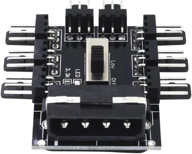 Alt view image 4 of 6 - Fan 1-to-8 Channel Turn High Low Speed Adapter D Type 4 Pin Molex to 8-port 3 Pin Fan HUB Expansion Card Black