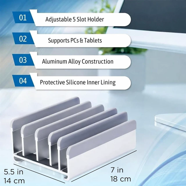 Alt view image 9 of 10 - Elestoria 5- Slot Vertical Laptop Stand - Aluminum Laptop Stand Vertical for Desk - Adjustable Width (12-38mm) Fits MacBook Pro/Air, Surface & Gaming Laptops upto 17.3"-Heavy Duty Laptop Holder-Silver