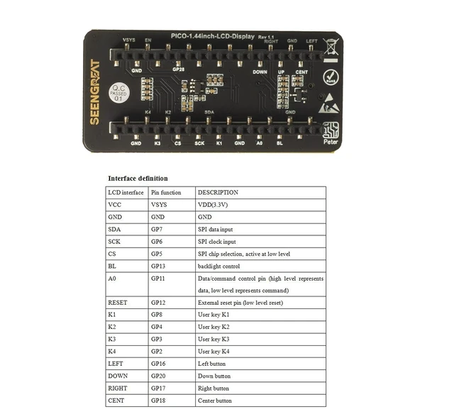 Alt view image 12 of 14 - 1.44inch LCD Display Module for Raspberry Pi Pico, 128×128 Resolution Screen TFT Display Module, 65K RGB, Embedded ST7735S Driver SPI Interface, Compatible with Raspberry Pi Pico Header