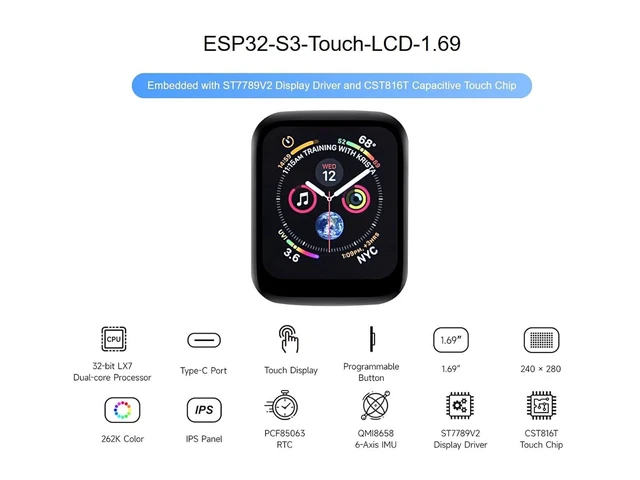 Alt view image 9 of 14 - ESP32-S3 MCU Board with 1.69inch LCD Touch Display, 240×280 Pixels 262K Color, Support 2.4GHz Wi-Fi & Bluetooth 5, 32-Bit LX7 Dual-Core Processor