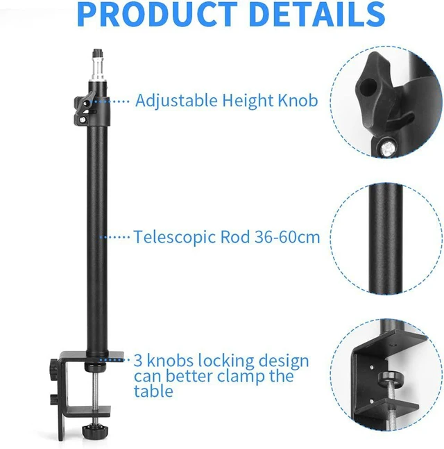 Alt view image 9 of 14 - Desk Mount Stand Camera Desk Mount Stand Adjustable 14-24 inch Table Multi Mount Stand Padded Desk Clamp with Standard 1/4'' Screw Tip for DSLR Camera, Panel Lights, Ring L