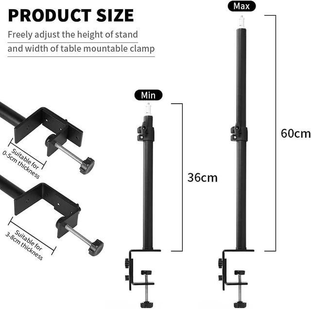 Alt view image 11 of 14 - Desk Mount Stand Camera Desk Mount Stand Adjustable 14-24 inch Table Multi Mount Stand Padded Desk Clamp with Standard 1/4'' Screw Tip for DSLR Camera, Panel Lights, Ring L