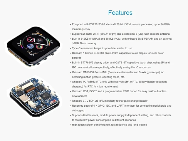 Alt view image 10 of 14 - ESP32-S3 MCU Board with 1.69inch LCD Touch Display, 240×280 Pixels 262K Color, Support 2.4GHz Wi-Fi & Bluetooth 5, 32-Bit LX7 Dual-Core Processor