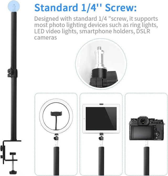 Alt view image 13 of 14 - Desk Mount Stand Camera Desk Mount Stand Adjustable 14-24 inch Table Multi Mount Stand Padded Desk Clamp with Standard 1/4'' Screw Tip for DSLR Camera, Panel Lights, Ring L