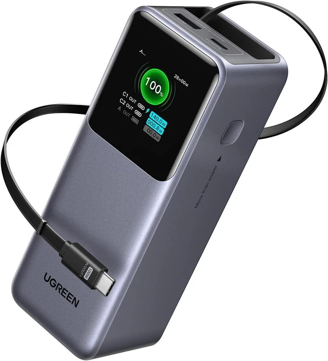 Alt view image 8 of 14 - UGREEN Nexode Power Bank 20000mAh 165W with Built-in USB C Cable Laptop Travel Portable Charger, 100W Input, Fast Charging for MacBook Pro/Air/iPhone 16/iPad Pro/Galaxy S25 Ultra/Dell/HP and More