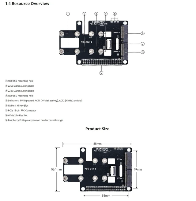Alt view image 14 of 14 - PCIe to Dual M.2 NVMe SSD HAT+ Adapter for Raspberry Pi 5, Supports 2280/2260/2242/2230 NVMe Drives, PCIe x1 Gen2, NVMe Boot Storage Expansion Board