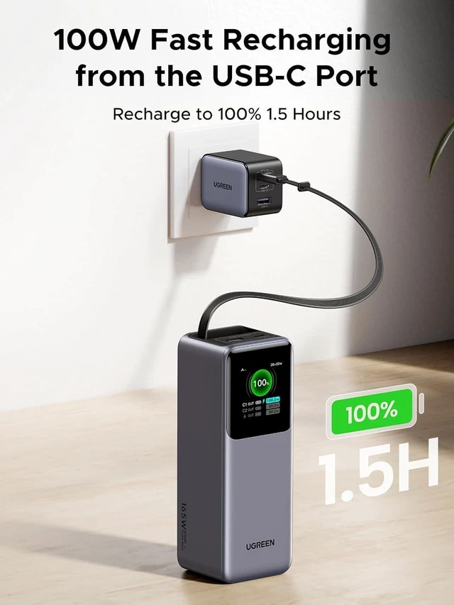 Alt view image 14 of 14 - UGREEN Nexode Power Bank 20000mAh 165W with Built-in USB C Cable Laptop Travel Portable Charger, 100W Input, Fast Charging for MacBook Pro/Air/iPhone 16/iPad Pro/Galaxy S25 Ultra/Dell/HP and More
