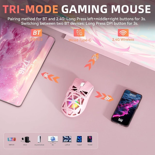 Alt view image 10 of 14 - Aula SC620 Wireless Gaming Mouse, Tri-Mode 2.4GHz/USB-C/BT5.3 Computer Mouse with 12000 DPI, Programmable Macro Gamer Mouse with Rapid Fire Key, RGB Light Gaming Mice for PC/Laptop/Mac (Line Pink)