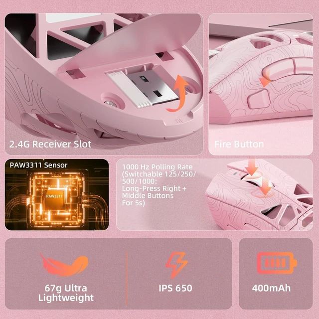 Alt view image 12 of 14 - Aula SC620 Wireless Gaming Mouse, Tri-Mode 2.4GHz/USB-C/BT5.3 Computer Mouse with 12000 DPI, Programmable Macro Gamer Mouse with Rapid Fire Key, RGB Light Gaming Mice for PC/Laptop/Mac (Line Pink)