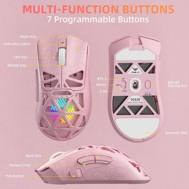Alt view image 14 of 14 - Aula SC620 Wireless Gaming Mouse, Tri-Mode 2.4GHz/USB-C/BT5.3 Computer Mouse with 12000 DPI, Programmable Macro Gamer Mouse with Rapid Fire Key, RGB Light Gaming Mice for PC/Laptop/Mac (Line Pink)