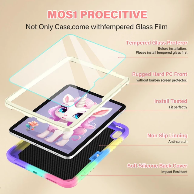 Alt view image 8 of 10 - TOMORRY for iPad (A16) 11th Generation 11 Inch 2025/iPad 10th Generation Case 10.9 Inch 2022 with Tempered Glass Screen Protector,Unicorn Stand,Shoulder Strap,for iPad 10 Case Kids Girls (Colourful)