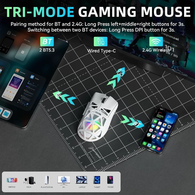 Alt view image 10 of 14 - Aula SC620 Wireless Gaming Mouse, Tri-Mode 2.4GHz/USB-C/BT5.3 Computer Mouse with 12000 DPI, Programmable Macro Gamer Mouse with Rapid Fire Key, RGB Light White Gaming Mice for PC/Laptop/Mac