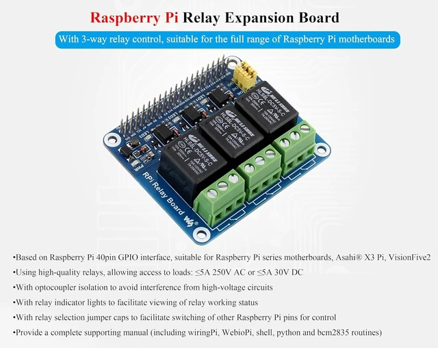 Alt view image 9 of 14 - 3 Channel Relay Board 5A 30V DC Expansion Board Compatible with Raspberry Pi 5/4B/3B+/3B/Zero W/Zero 2W/Pico W/Pico 2W, with Isolated Optocoupler