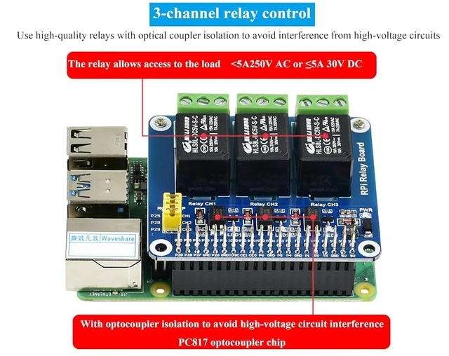 Alt view image 12 of 14 - 3 Channel Relay Board 5A 30V DC Expansion Board Compatible with Raspberry Pi 5/4B/3B+/3B/Zero W/Zero 2W/Pico W/Pico 2W, with Isolated Optocoupler