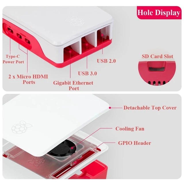 Alt view image 9 of 10 - for Raspberry Pi Official Case Fits Raspberry Pi 5 with Built-in Cooling Fan Red/White Color Precise Openings for Sorts of Connectors