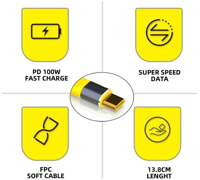 Alt view image 9 of 14 - Yellow Type-C USB-C Male to Male USB4 40Gbps 100W 8K Flat Slim FPC Data Cable for Laptop & Phone 13cm