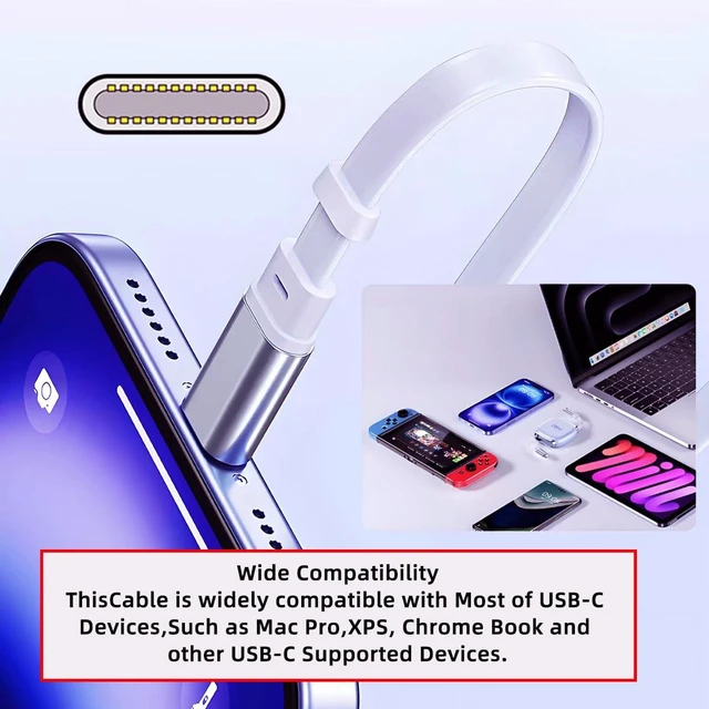 Alt view image 12 of 14 - Type-C Male to Male Retractable Stretch Coiled USB-C Cable USB2.0 Version 480Mbps 240W Compatible with Laptop Phone Tablet Power & Data 100cm (Purple)