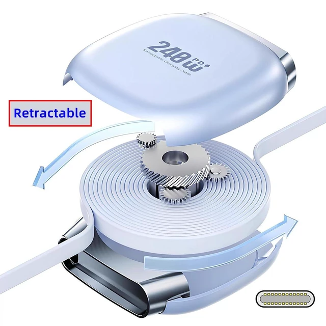 Alt view image 14 of 14 - Type-C Male to Male Retractable Stretch Coiled USB-C Cable USB2.0 Version 480Mbps 240W Compatible with Laptop Phone Tablet Power & Data 100cm (Blue)