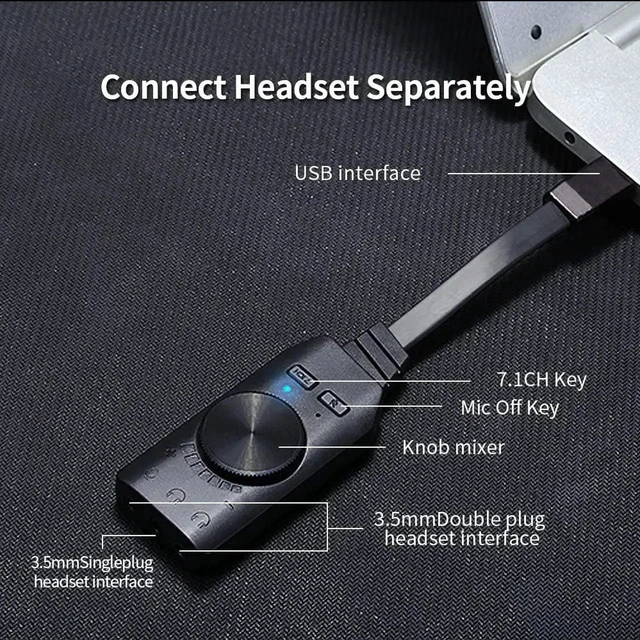 Alt view image 14 of 14 - External Sound Card Virtual 7.1CH USB Sound Card Volume Adjustable 3-Port Output for Gaming Headset Earphone PS4 Laptop Desktop Windows Mac OS Linux, Plug Play