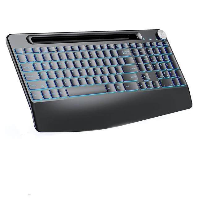 Alt view image 8 of 14 - 2.4G Wireless Silent Keyboard, Rechargeable,with 7 Colored Backlits &Phone Holder &Wrist Rest,Lighted up Full Size Keyboard for Mac Windows Laptop PC