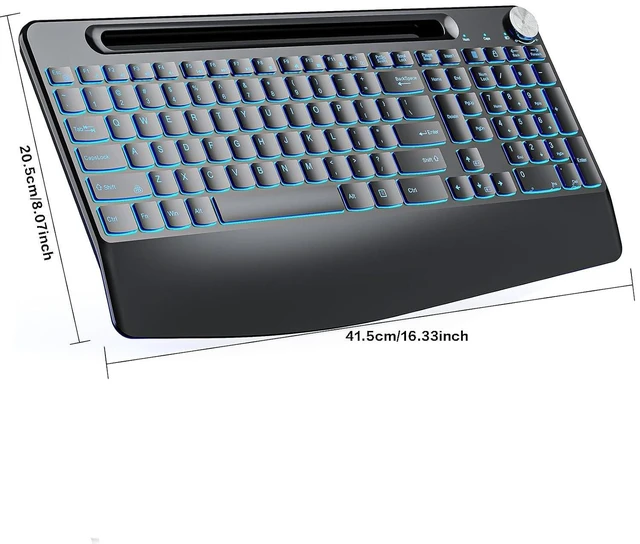 Alt view image 9 of 14 - 2.4G Wireless Silent Keyboard, Rechargeable,with 7 Colored Backlits &Phone Holder &Wrist Rest,Lighted up Full Size Keyboard for Mac Windows Laptop PC