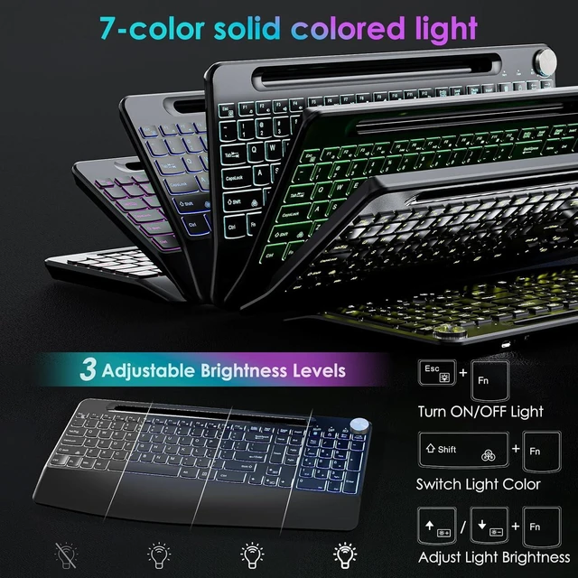 Alt view image 11 of 14 - 2.4G Wireless Silent Keyboard, Rechargeable,with 7 Colored Backlits &Phone Holder &Wrist Rest,Lighted up Full Size Keyboard for Mac Windows Laptop PC