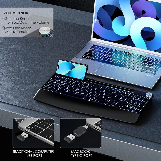 Alt view image 12 of 14 - 2.4G Wireless Silent Keyboard, Rechargeable,with 7 Colored Backlits &Phone Holder &Wrist Rest,Lighted up Full Size Keyboard for Mac Windows Laptop PC