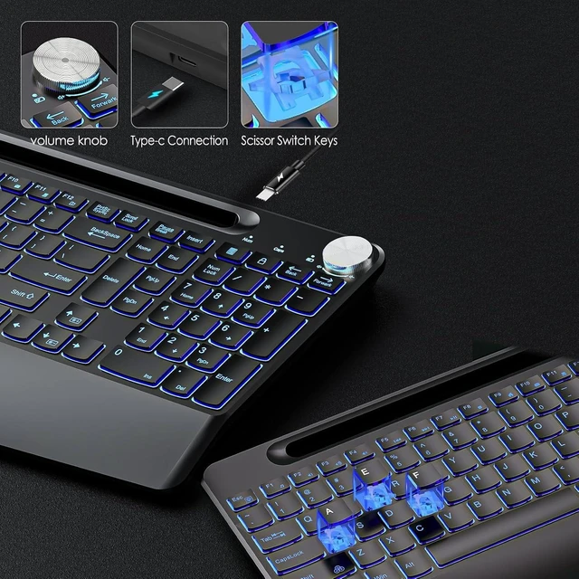 Alt view image 13 of 14 - 2.4G Wireless Silent Keyboard, Rechargeable,with 7 Colored Backlits &Phone Holder &Wrist Rest,Lighted up Full Size Keyboard for Mac Windows Laptop PC