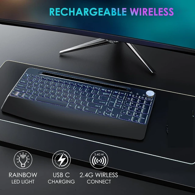 Alt view image 14 of 14 - 2.4G Wireless Silent Keyboard, Rechargeable,with 7 Colored Backlits &Phone Holder &Wrist Rest,Lighted up Full Size Keyboard for Mac Windows Laptop PC