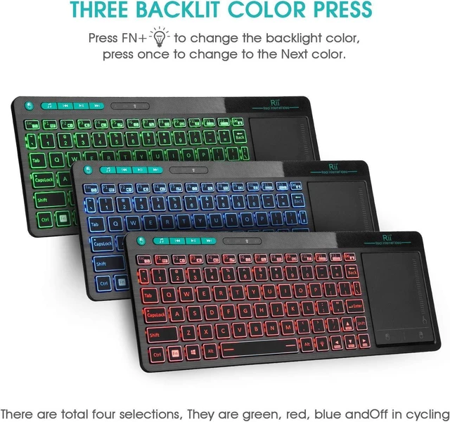 Alt view image 9 of 14 - Rii Wireless Keyboard,Touchpad Keyboard,3-Colors Backlight Keyboard, BigTouch Trackpad,Rechargeable Keyboard for Android TV Box,Smart TV,Xbox,Raspberry Pi,PC,Tablet,Android,Windows,MacOS