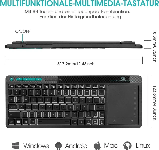 Alt view image 12 of 14 - Rii Wireless Keyboard,Touchpad Keyboard,3-Colors Backlight Keyboard, BigTouch Trackpad,Rechargeable Keyboard for Android TV Box,Smart TV,Xbox,Raspberry Pi,PC,Tablet,Android,Windows,MacOS
