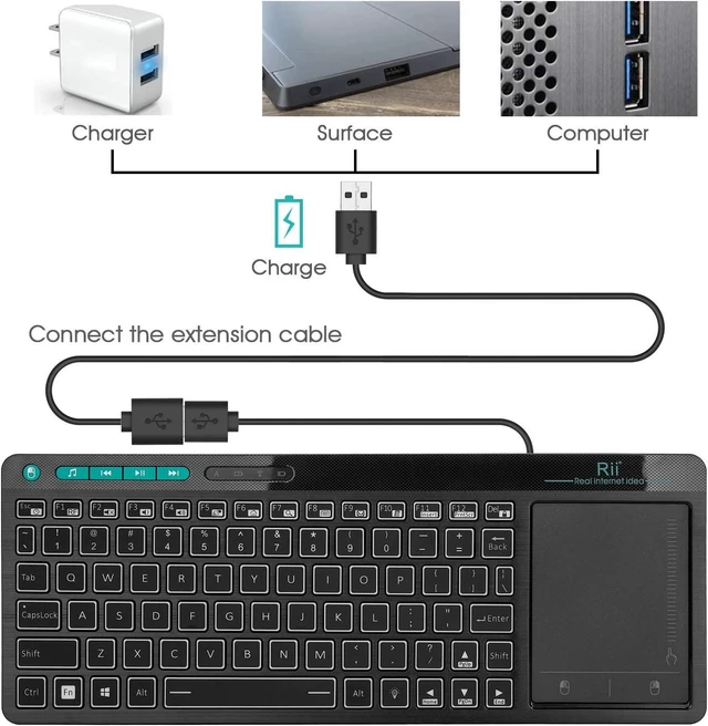 Alt view image 13 of 14 - Rii Wireless Keyboard,Touchpad Keyboard,3-Colors Backlight Keyboard, BigTouch Trackpad,Rechargeable Keyboard for Android TV Box,Smart TV,Xbox,Raspberry Pi,PC,Tablet,Android,Windows,MacOS