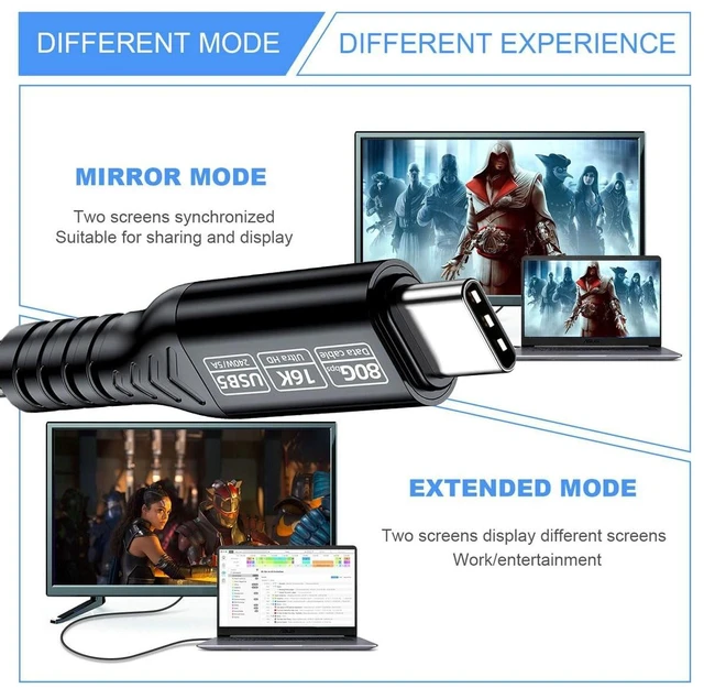 Alt view image 11 of 14 - USB5.0 80Gbps USB-C Male to Male Type-C Cable with 240W and 16K@30hz 8K@60Hz 5K@60Hz Compatible with USB4.0 Thunderbolt3/4/5 (0.5m)