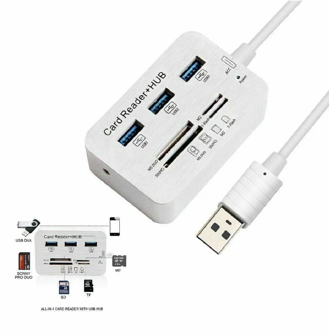 Alt view image 11 of 14 - Aluminum 3 Port USB 3.0 Hub MS SD M2 TF Multi-In-1 Memory Card Reader Adapter US